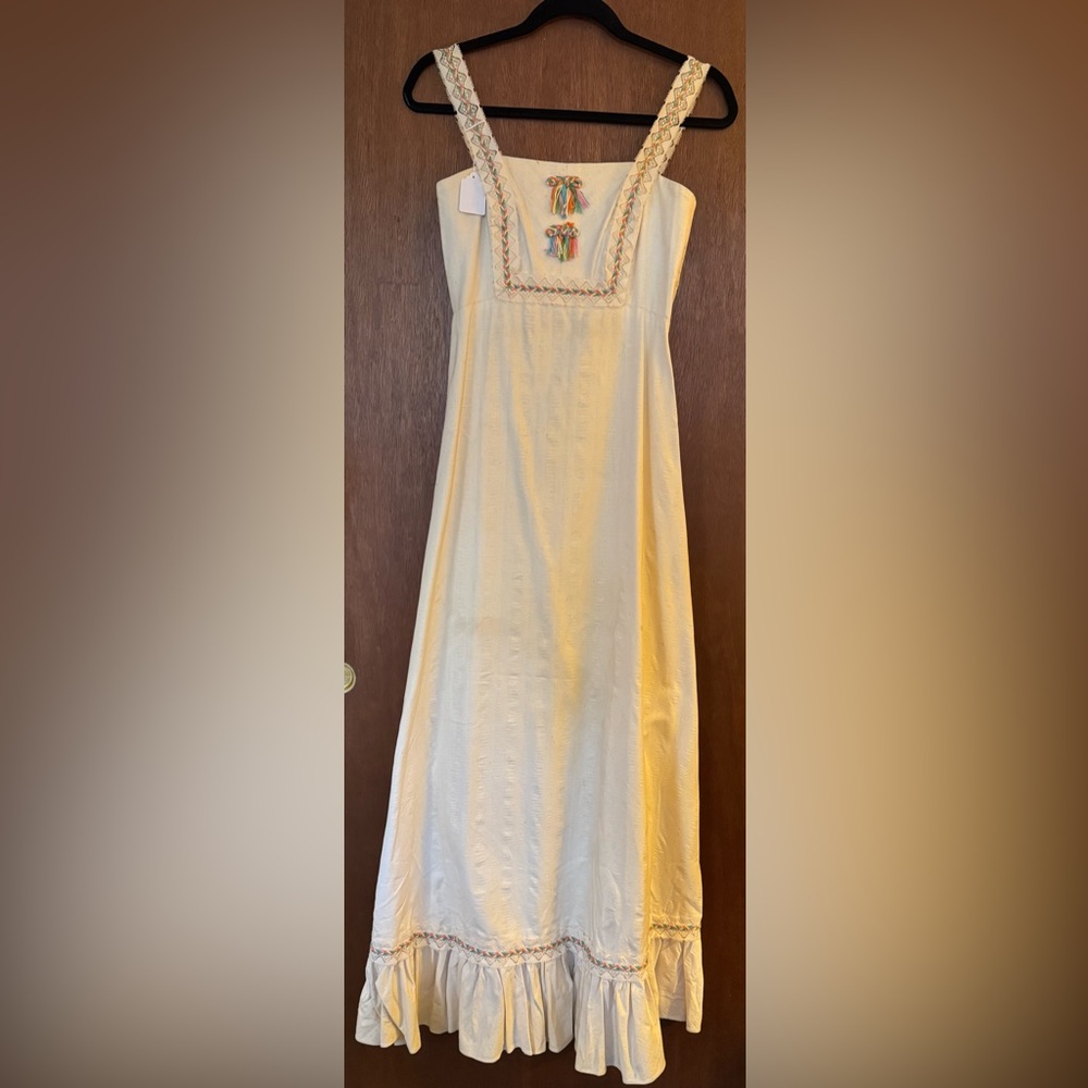 Vintage cream maxi prairie dress with bright colored embroidery